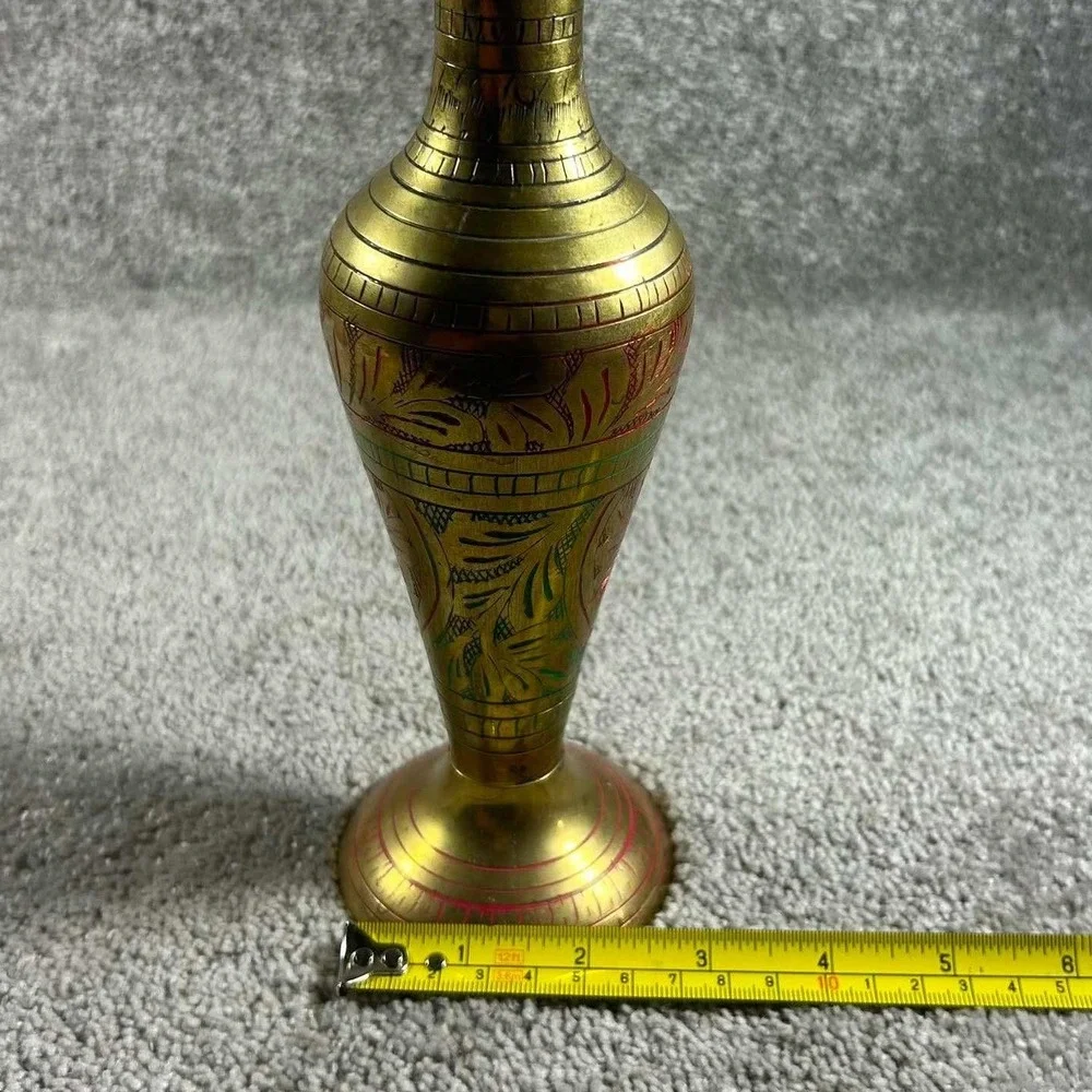 Vintage Brass Bud Vase Etched Floral Enamel Scalloped Rim Decor